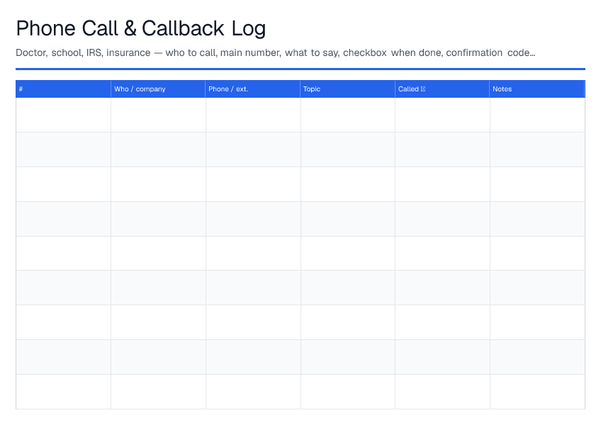 Phone Call & Callback Log — printable PDF preview