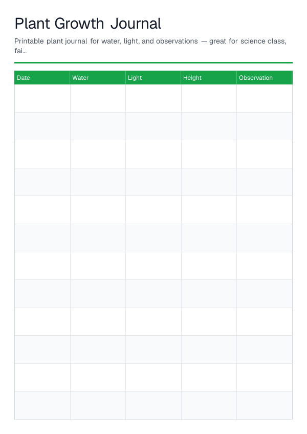 Plant Growth Journal — printable PDF preview