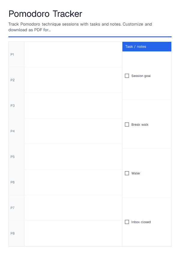Pomodoro Tracker — printable PDF preview