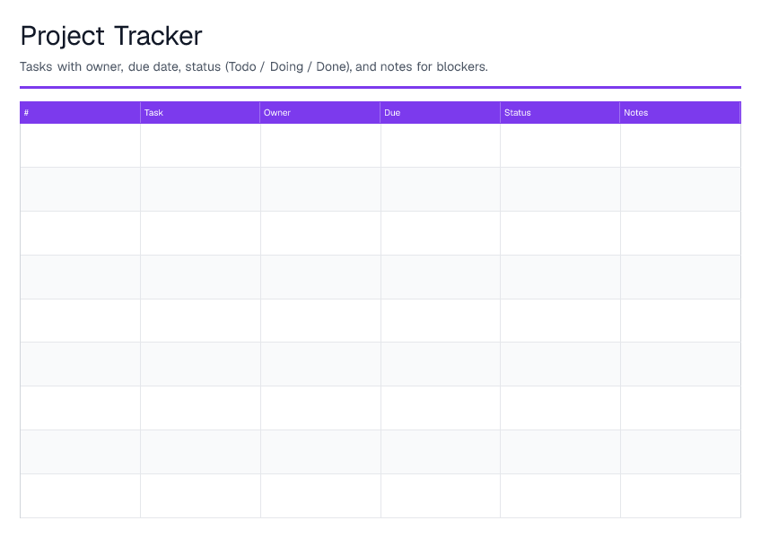 Project Tracker — printable PDF preview