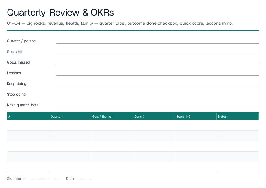 Quarterly Review & OKRs — printable PDF preview
