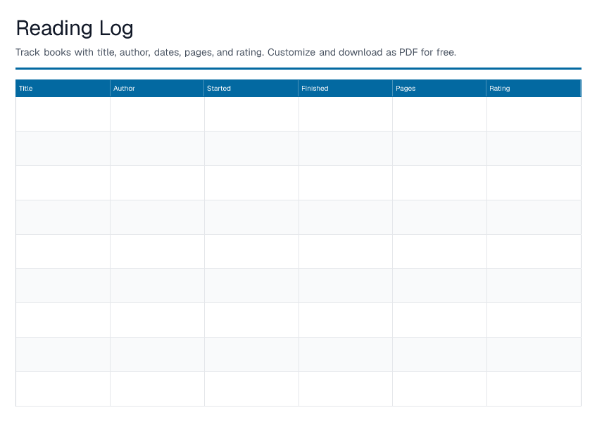 Reading Log — printable PDF preview