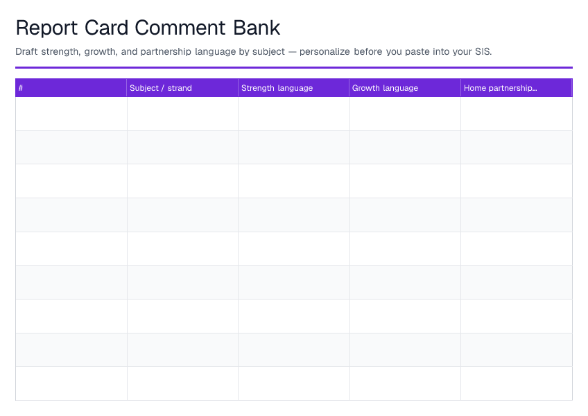 Report Card Comment Bank — printable PDF preview