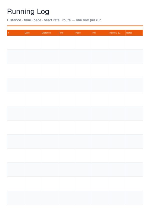 Running Log — printable PDF preview