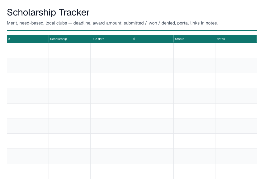 Scholarship Tracker — printable PDF preview