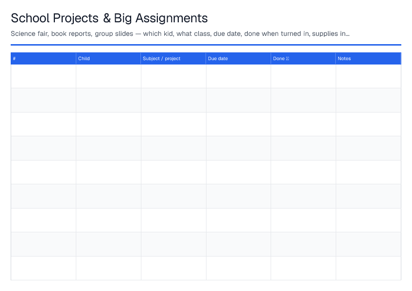 School Projects & Big Assignments — printable PDF preview