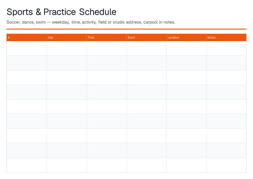 Sports & Practice Schedule — printable PDF preview