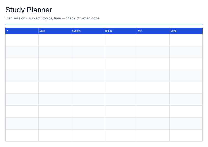 Study Planner — printable PDF preview