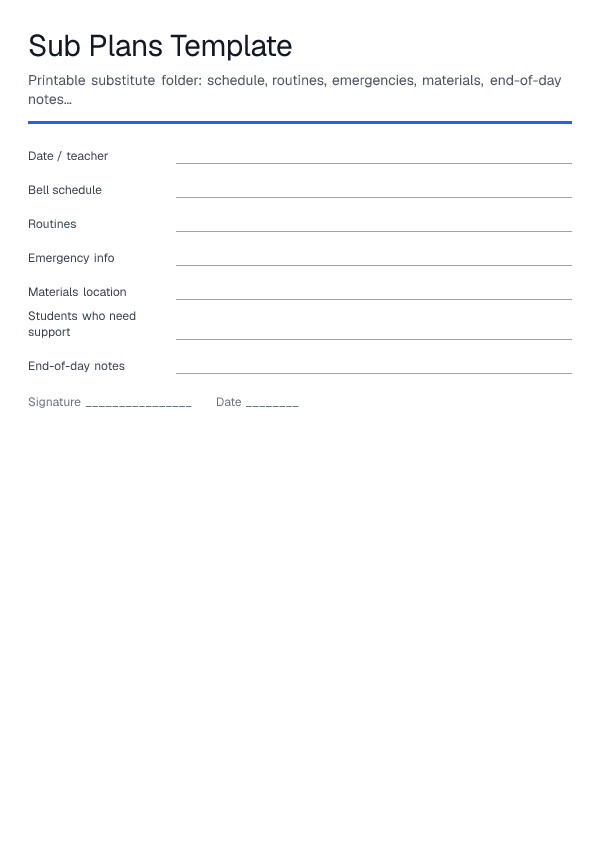 Sub Plans Template — printable PDF preview