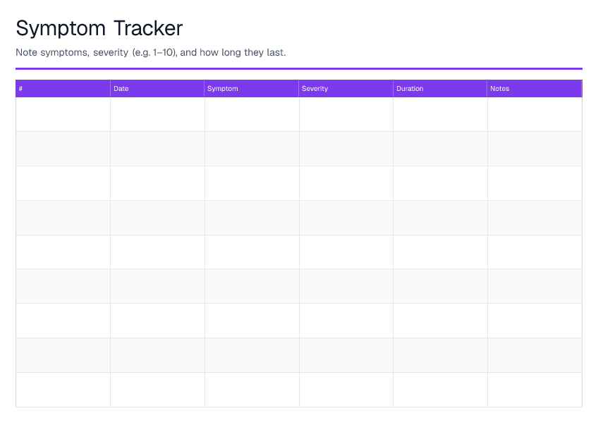Symptom Tracker — printable PDF preview