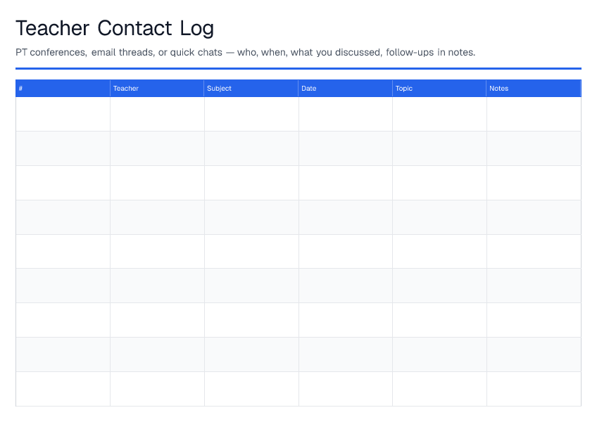 Teacher Contact Log — printable PDF preview
