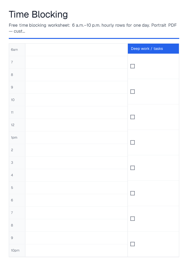 Time Blocking — printable PDF preview
