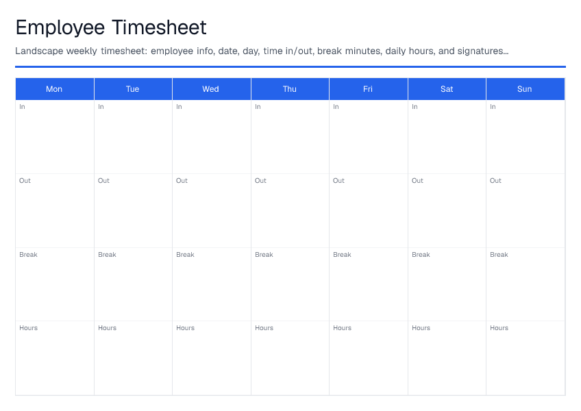 Employee Timesheet — printable PDF preview