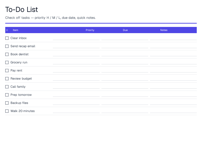 To-Do List — printable PDF preview
