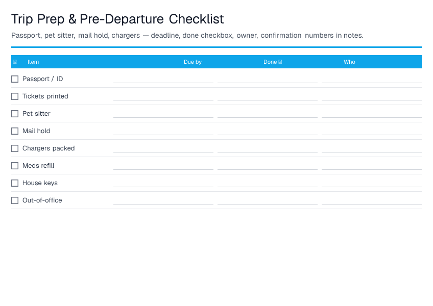 Trip Prep & Pre-Departure Checklist — printable PDF preview