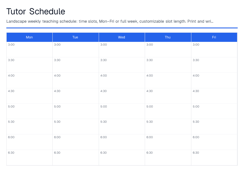 Tutor Schedule — printable PDF preview