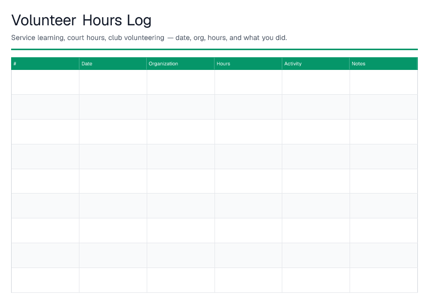 Volunteer Hours Log — printable PDF preview