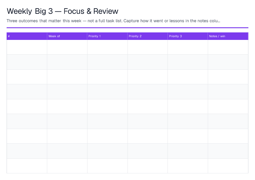 Weekly Big 3 — Focus & Review — printable PDF preview