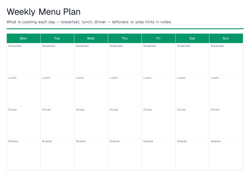 Weekly Menu Plan — printable PDF preview