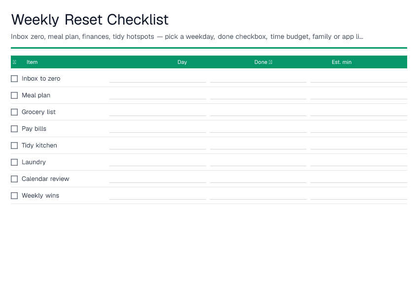Weekly Reset Checklist — printable PDF preview