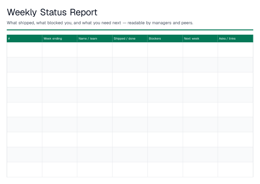 Weekly Status Report — printable PDF preview