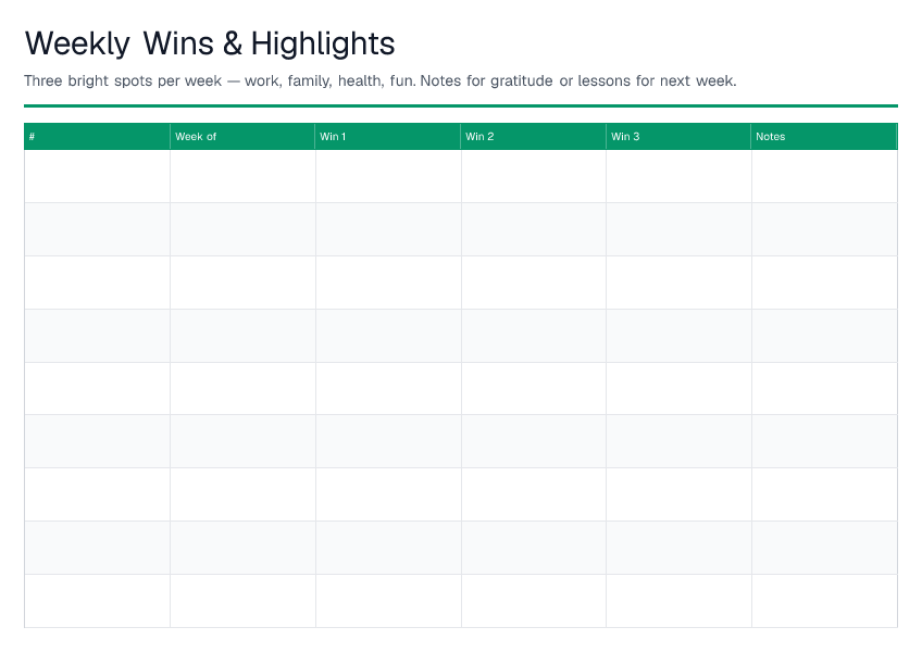 Weekly Wins & Highlights — printable PDF preview