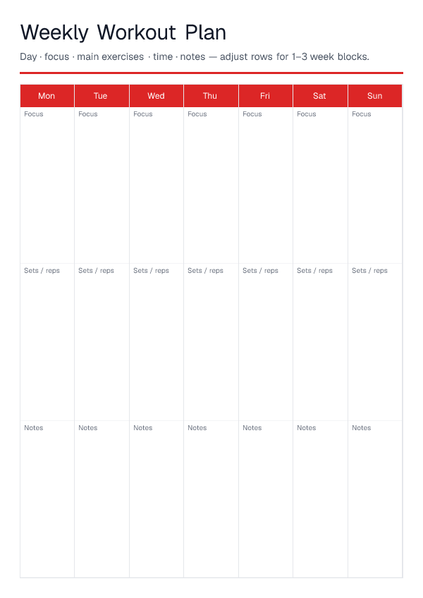 Weekly Workout Plan — printable PDF preview