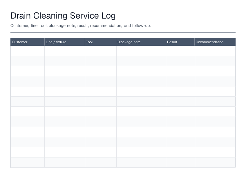 Drain Cleaning Service Log — printable PDF preview