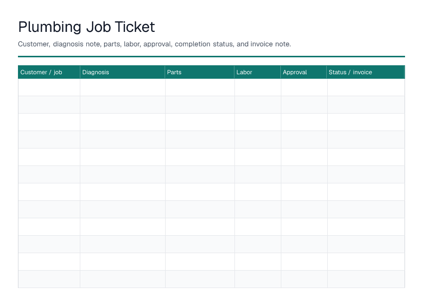 Plumbing Job Ticket — printable PDF preview