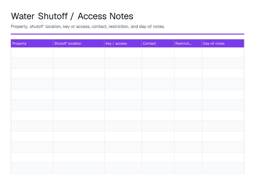 Water Shutoff / Access Notes — printable PDF preview