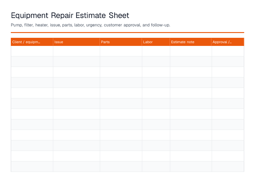 Equipment Repair Estimate Sheet — printable PDF preview