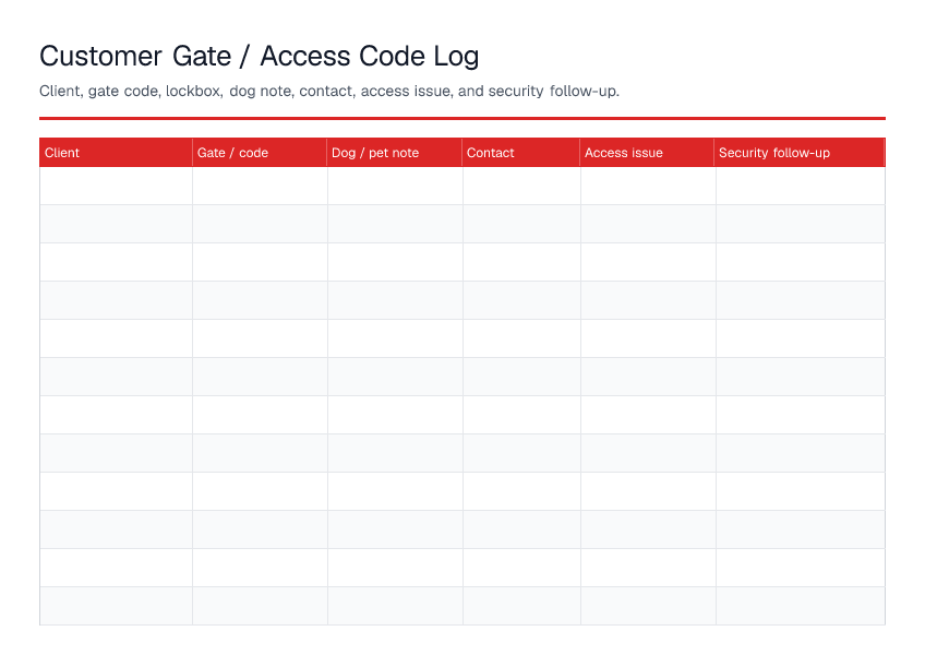 Customer Gate / Access Code Log — printable PDF preview