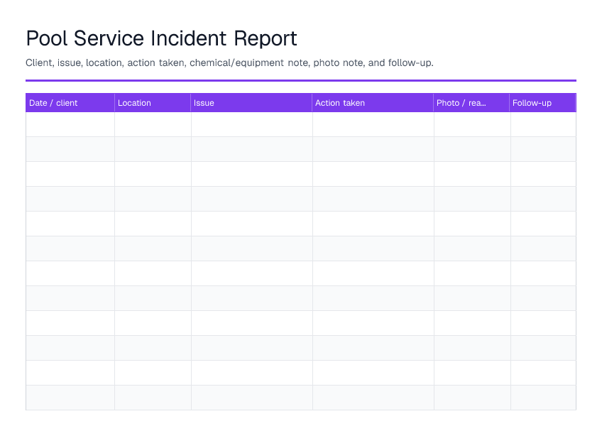 Pool Service Incident Report — printable PDF preview