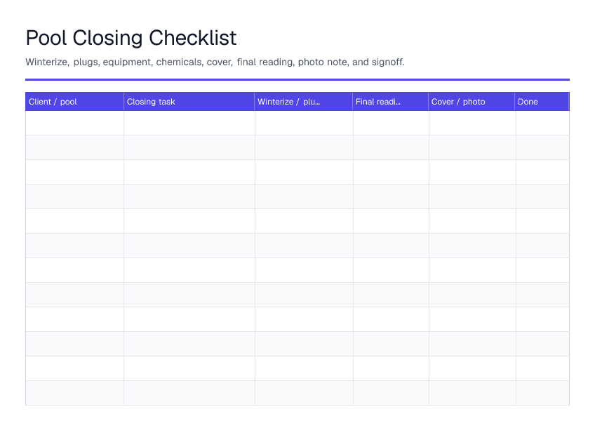 Pool Closing Checklist — printable PDF preview