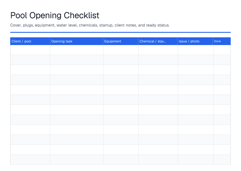 Pool Opening Checklist — printable PDF preview