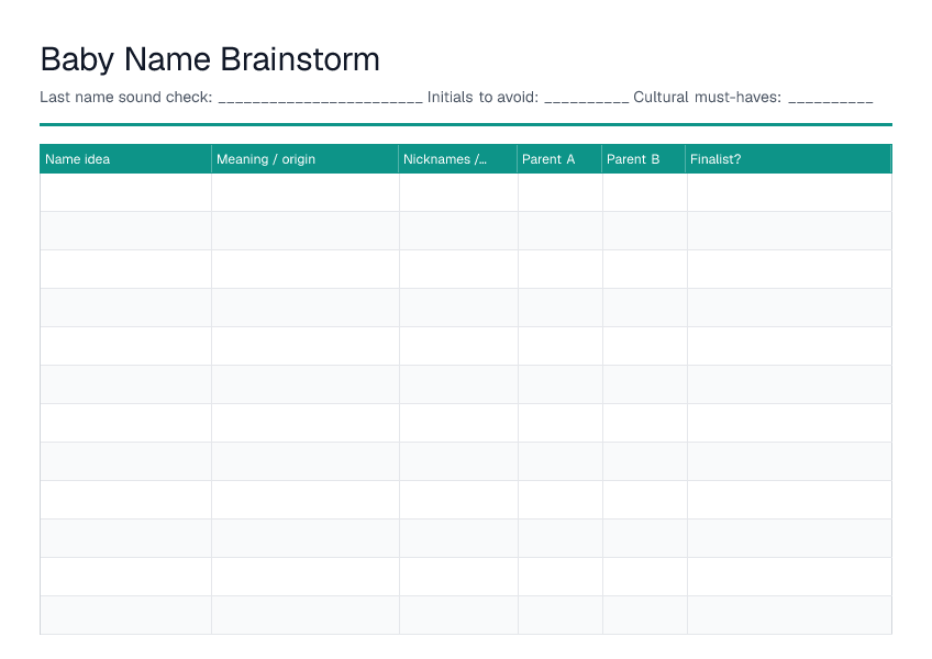 Baby Name Brainstorm — printable PDF preview