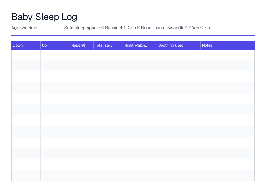 Baby Sleep Log — printable PDF preview
