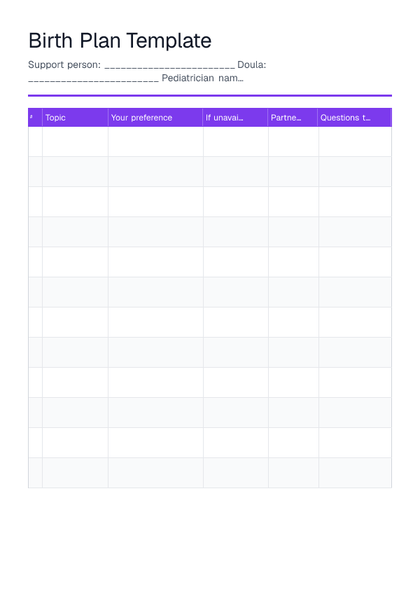 Birth Plan Template — printable PDF preview