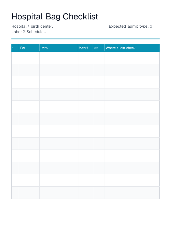 Hospital Bag Checklist — printable PDF preview