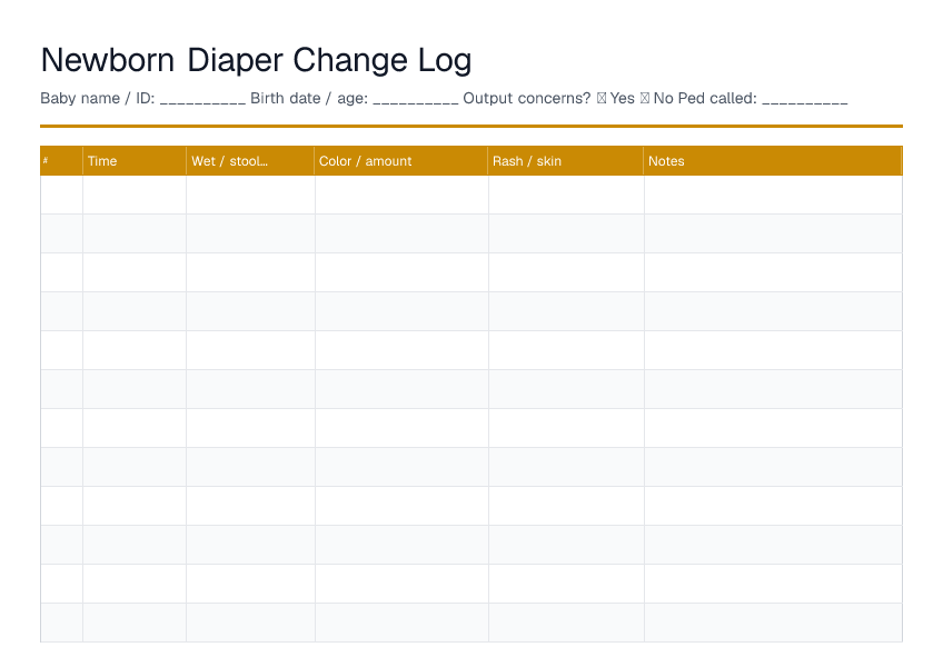 Newborn Diaper Change Log — printable PDF preview
