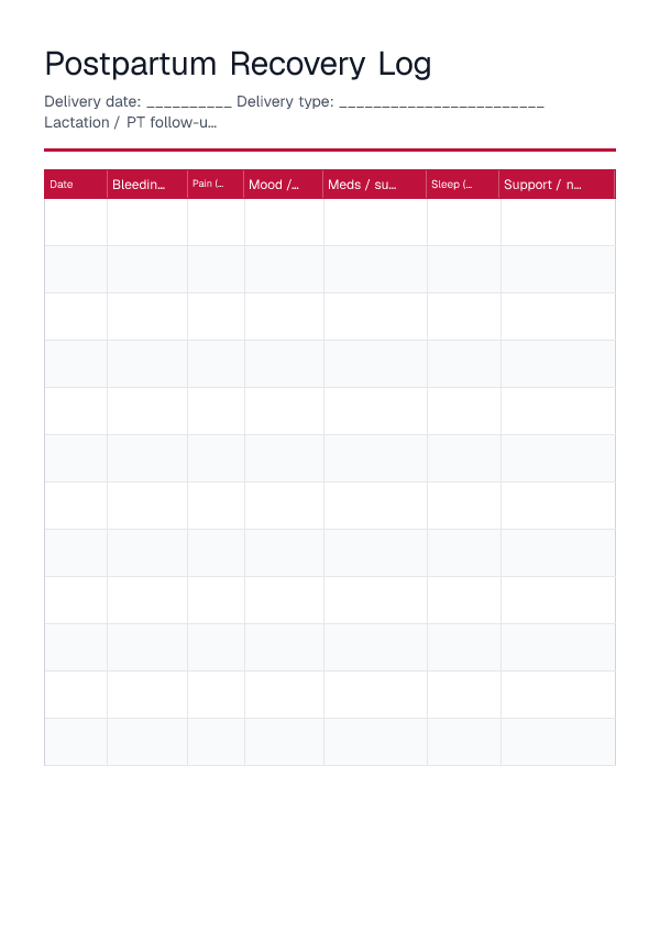 Postpartum Recovery Log — printable PDF preview