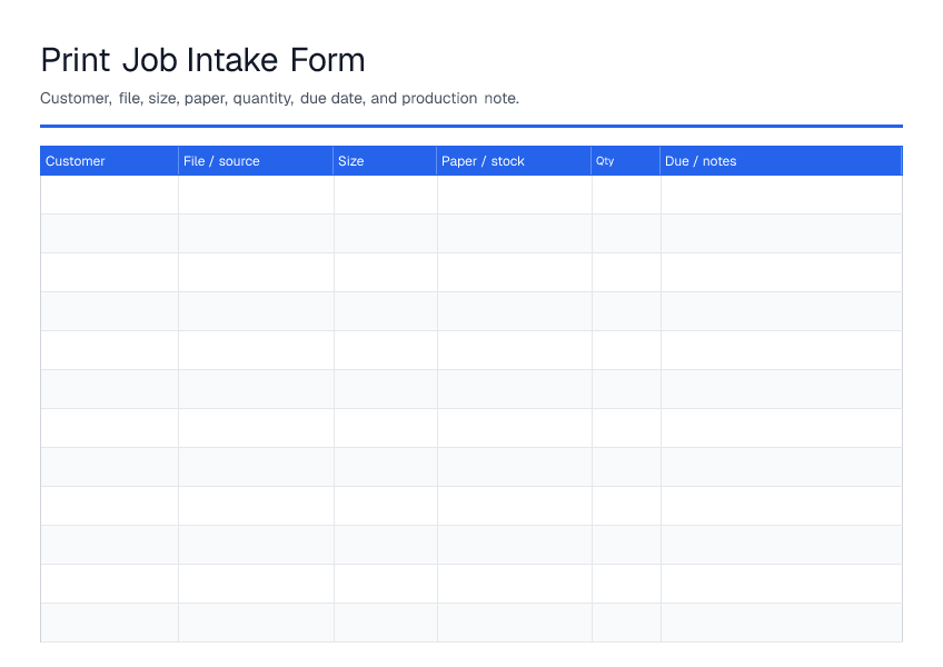 Print Job Intake Form — printable PDF preview