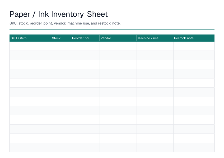 Paper / Ink Inventory Sheet — printable PDF preview