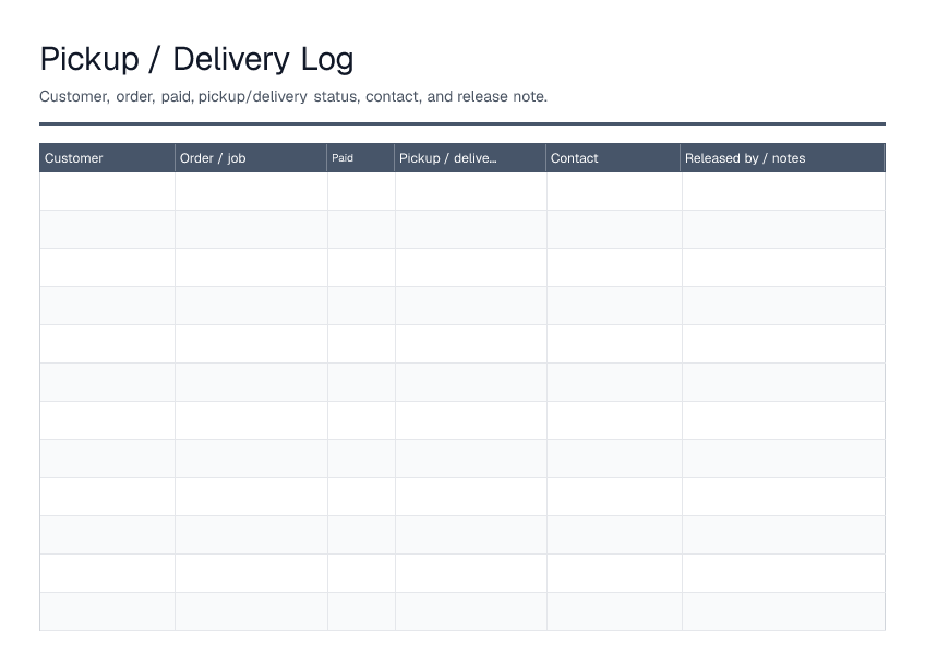 Pickup / Delivery Log — printable PDF preview