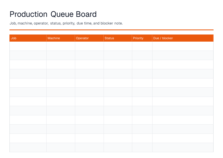 Production Queue Board — printable PDF preview
