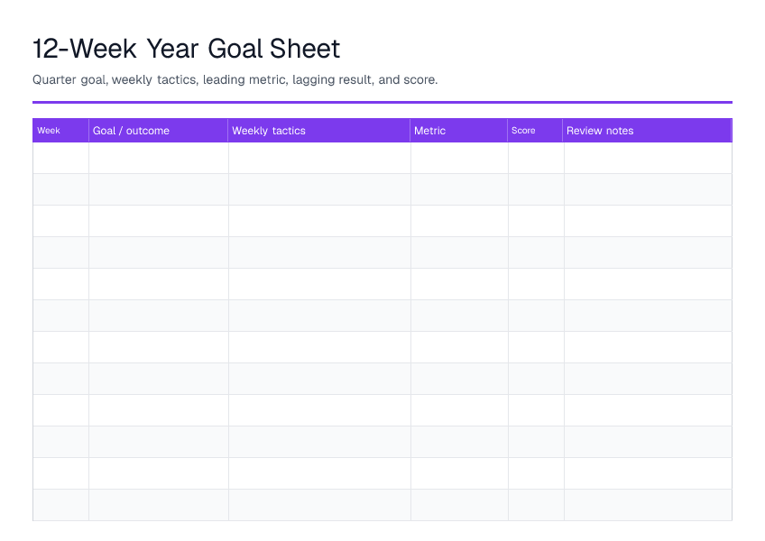 12-Week Year Goal Sheet — printable PDF preview
