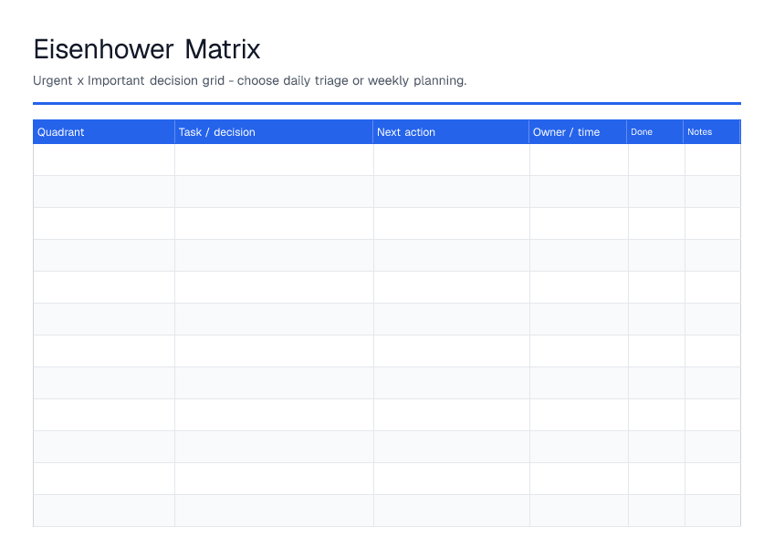 Eisenhower Matrix — printable PDF preview