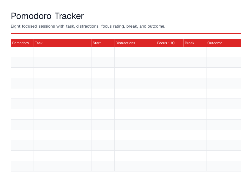 Pomodoro Tracker — printable PDF preview