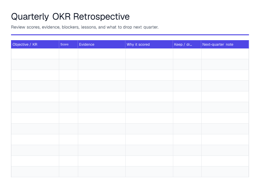 Quarterly OKR Retrospective — printable PDF preview