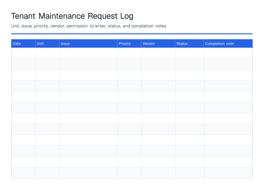 Tenant Maintenance Request Log — printable PDF preview